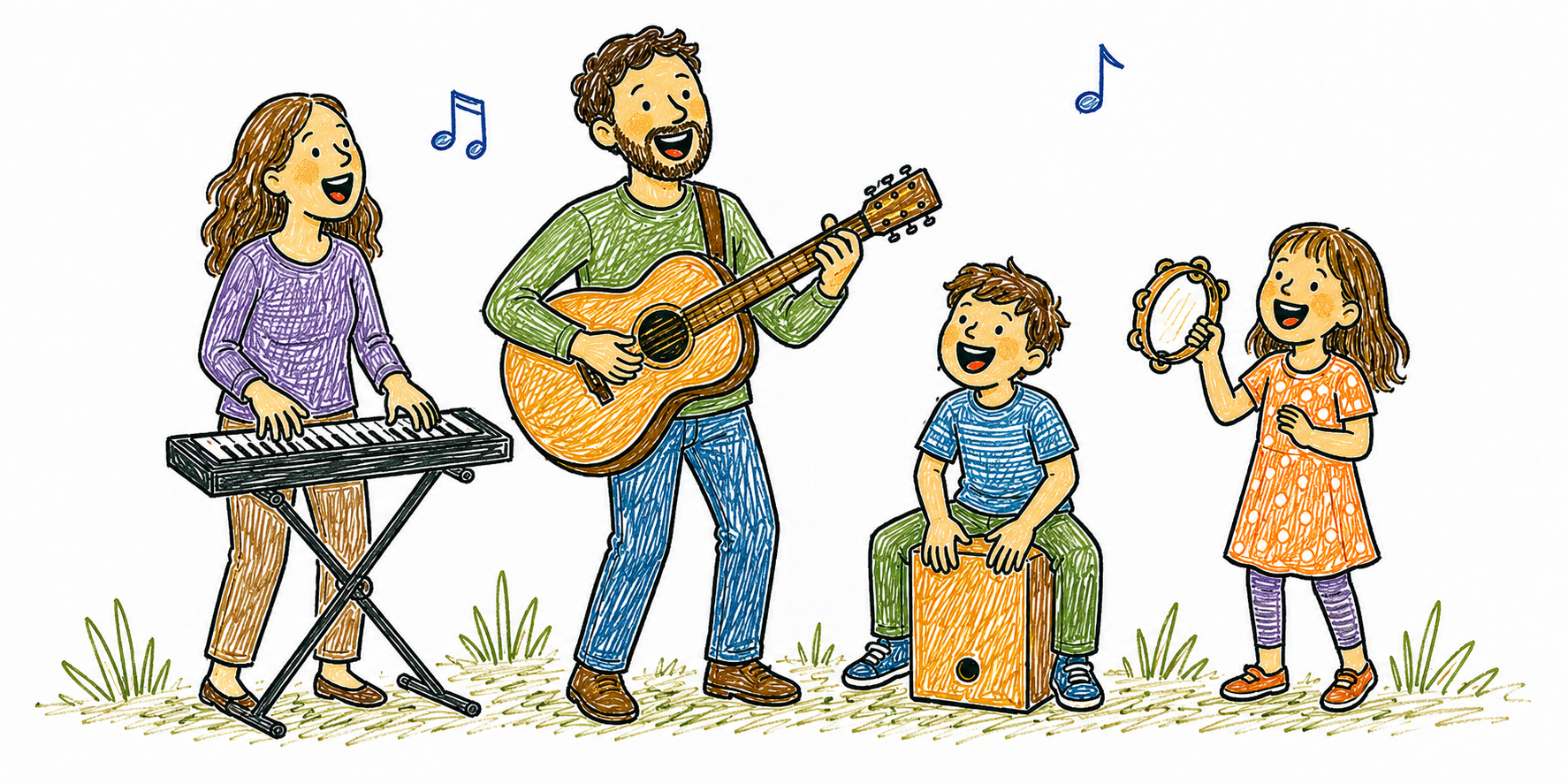 Two adults and two children singing and playing music together