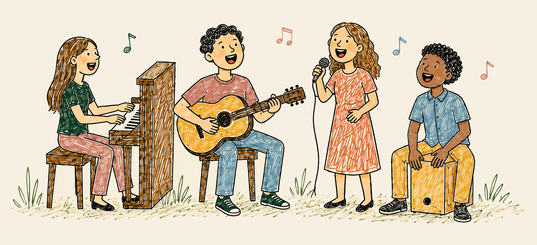 Four people singing and playing piano, guitar, microphone, and cajón together