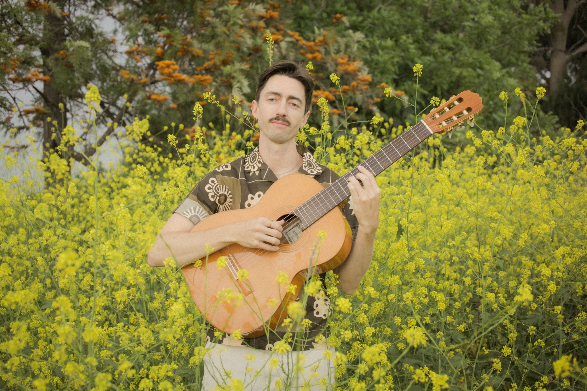 Nico Rattray playing guitar among yellow wildflowers
