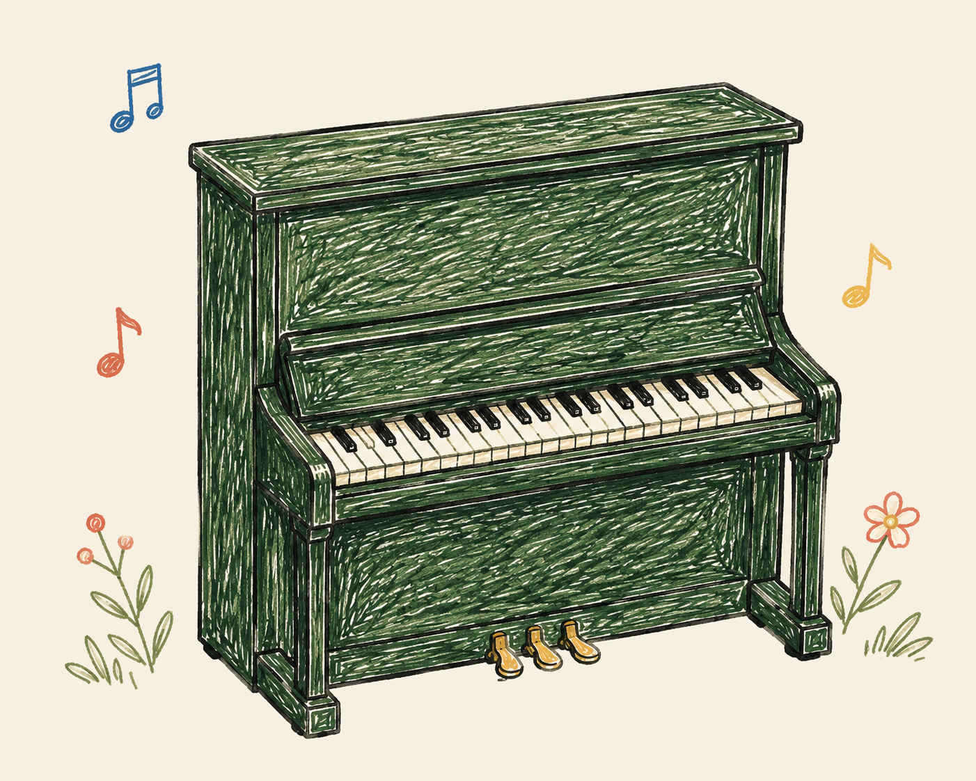 A hand-drawn forest-green upright piano surrounded by musical notes