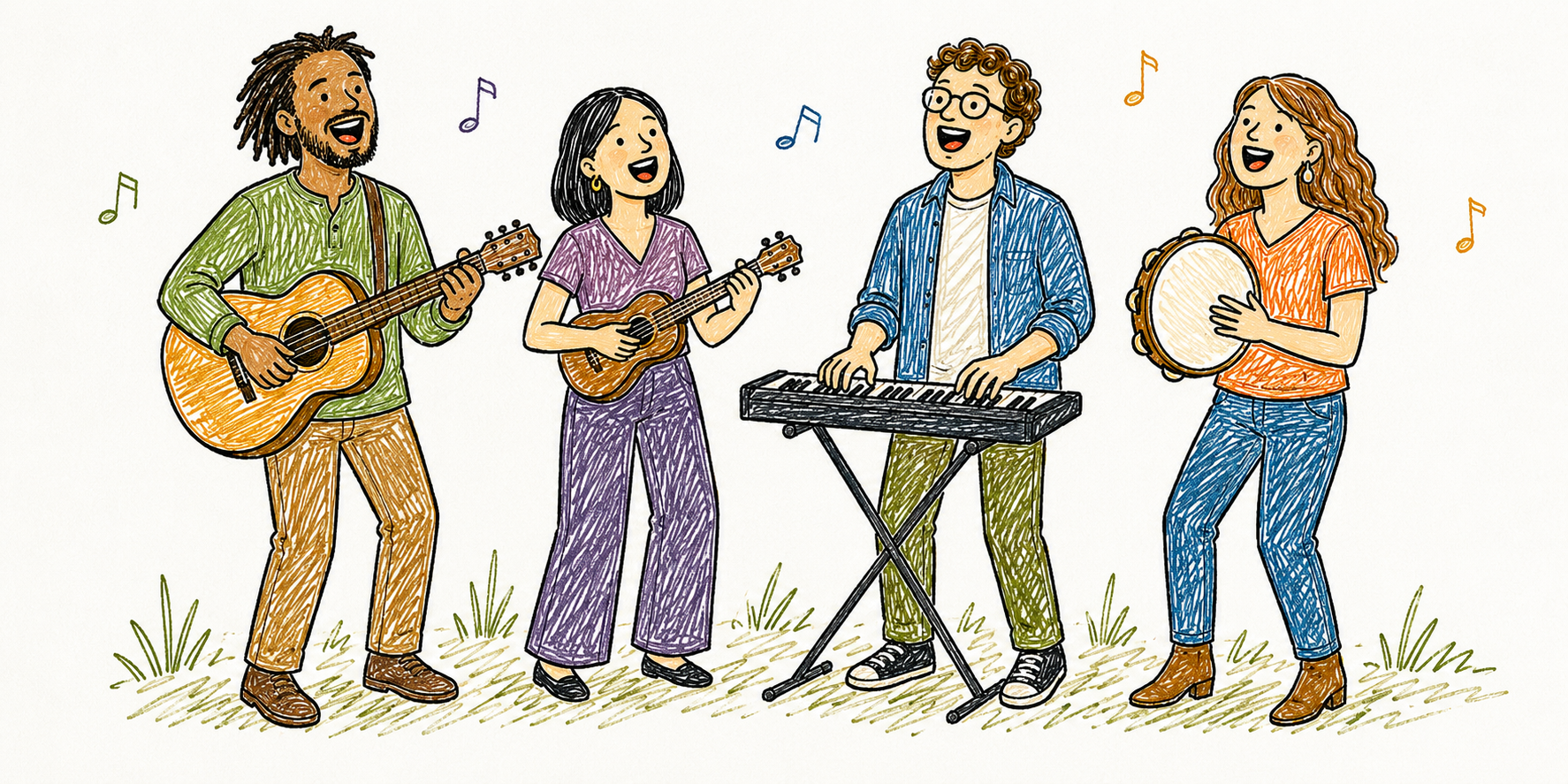 A group of adult friends singing and playing instruments together
